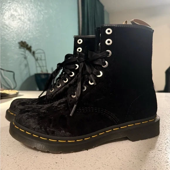 Dr. Martens 1460 Black Crushed Velvet Combat Lace-Up Boot - Picture 2 of 8